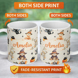 Personalized Custom Name Cute Halloween Teddy Bears Mummy Witch Cat Pumpkin Stars Cream 11oz Ceramic Coffee Tea Mug White Large Handle