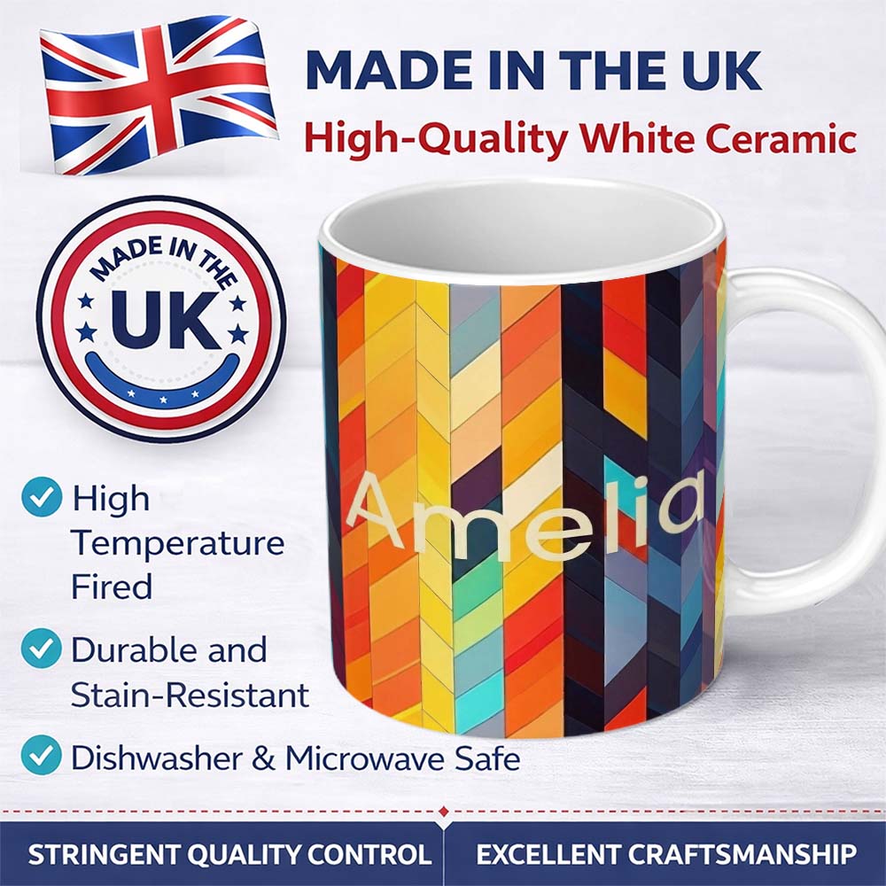 Personalized Custom Name Abstract Vertical Geometric Stripes Colorful Modern Seamless 11oz Ceramic Coffee Tea Mug White Large Handle