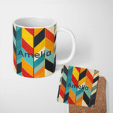Personalized Custom Name Abstract Feather Chevron Stripes Colorful Seamless Pattern Name Cute 11oz Ceramic Coffee Tea Mug White Large Handle