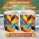 Personalized Custom Name Abstract Feather Chevron Stripes Colorful Seamless Pattern Name Cute 11oz Ceramic Coffee Tea Mug White Large Handle