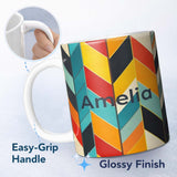 Personalized Custom Name Abstract Feather Chevron Stripes Colorful Seamless Pattern Name Cute 11oz Ceramic Coffee Tea Mug White Large Handle
