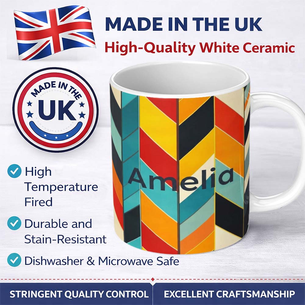 Personalized Custom Name Abstract Feather Chevron Stripes Colorful Seamless Pattern Name Cute 11oz Ceramic Coffee Tea Mug White Large Handle