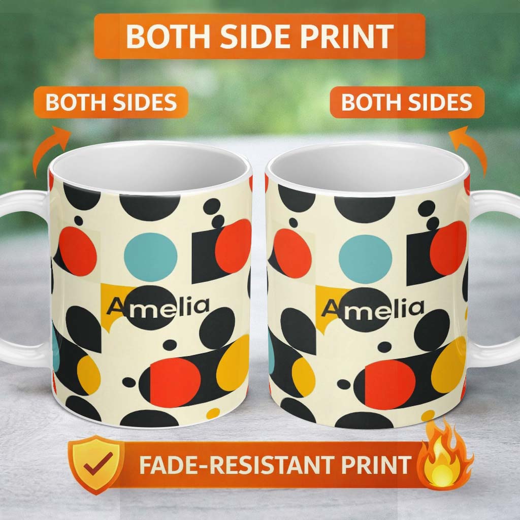 Personalized Custom Name Abstract Bold Circle Shapes Mid Century Modern Seamless Pattern 11oz Ceramic Coffee Tea Mug White Large Handle