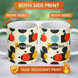 Personalized Custom Name Abstract Bold Circle Shapes Mid Century Modern Seamless Pattern 11oz Ceramic Coffee Tea Mug White Large Handle