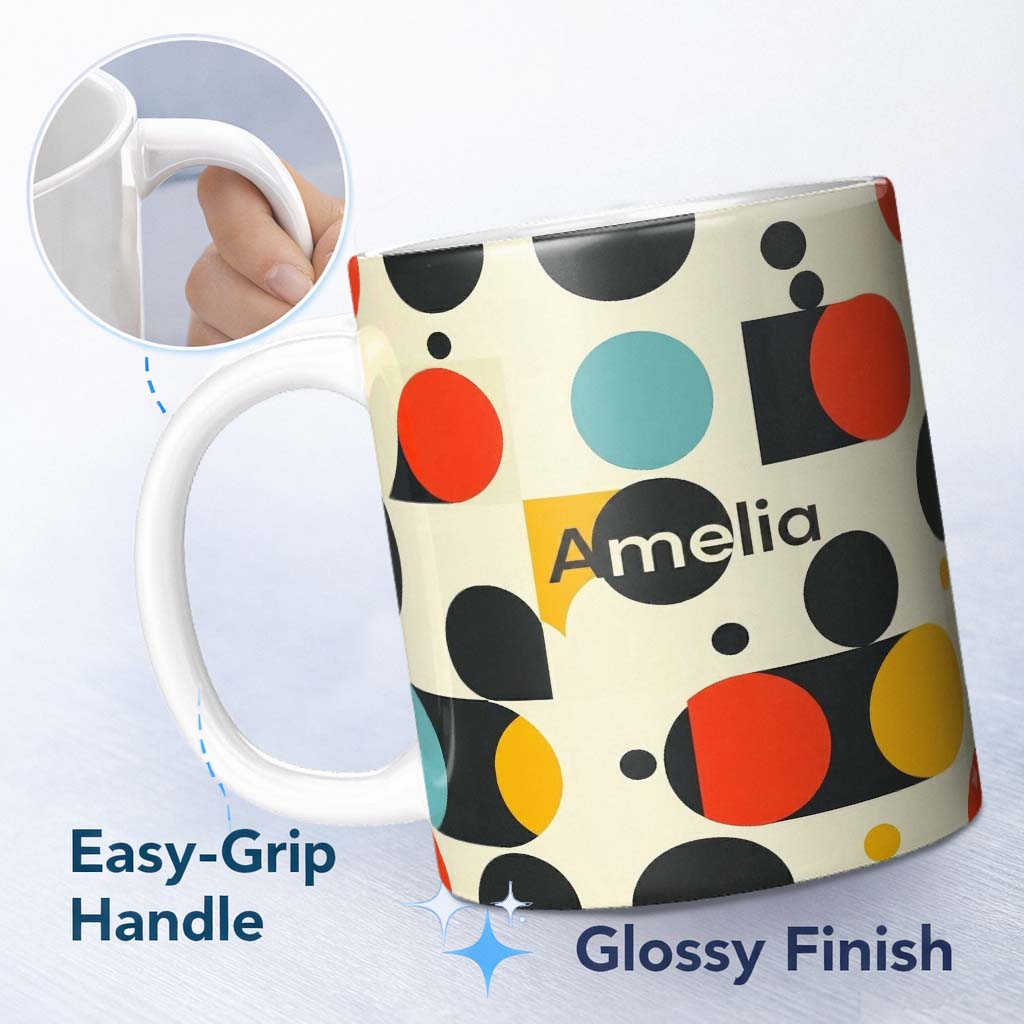 Personalized Custom Name Abstract Bold Circle Shapes Mid Century Modern Seamless Pattern 11oz Ceramic Coffee Tea Mug White Large Handle