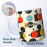 Personalized Custom Name Abstract Bold Circle Shapes Mid Century Modern Seamless Pattern 11oz Ceramic Coffee Tea Mug White Large Handle