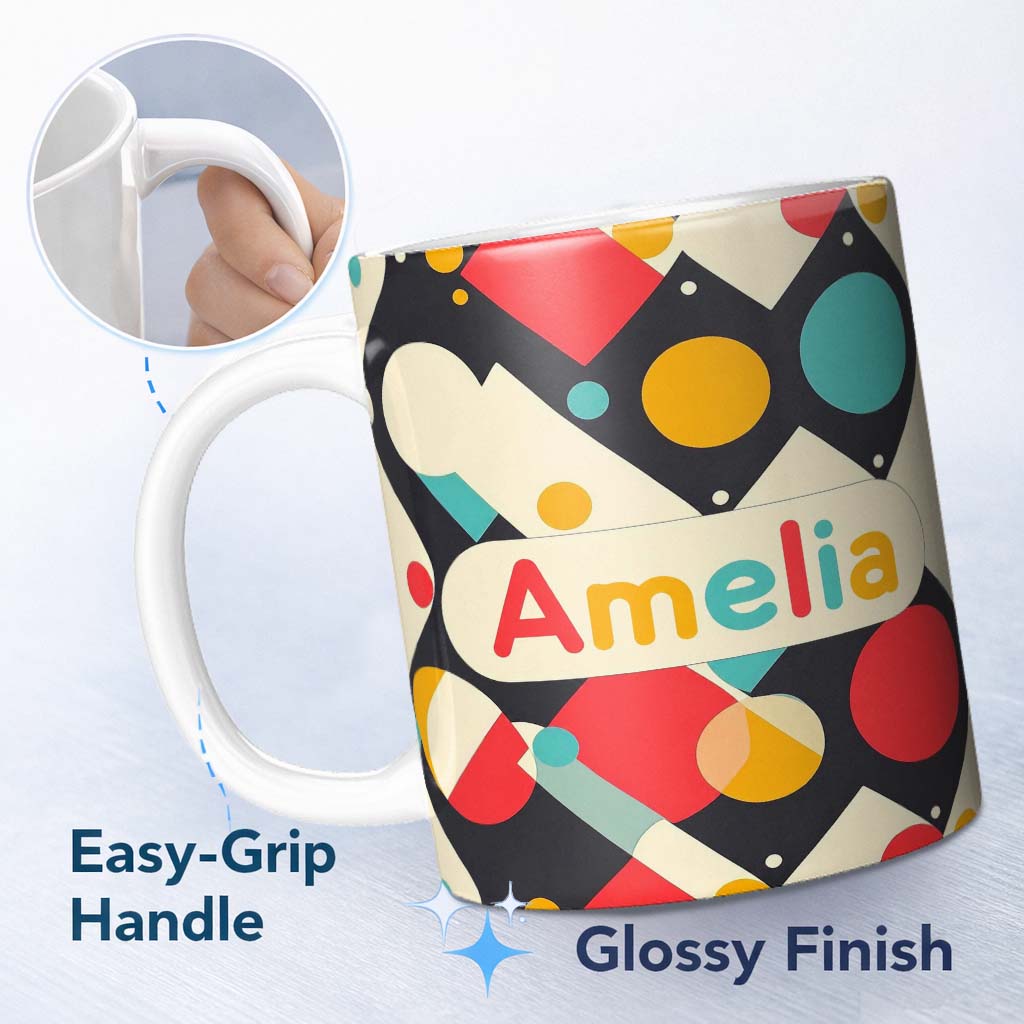 Personalized Custom Name Abstract Geometric Shapes Colorful Modern Seamless Pattern Name Cute 11oz Ceramic Coffee Tea Mug White Large Handle