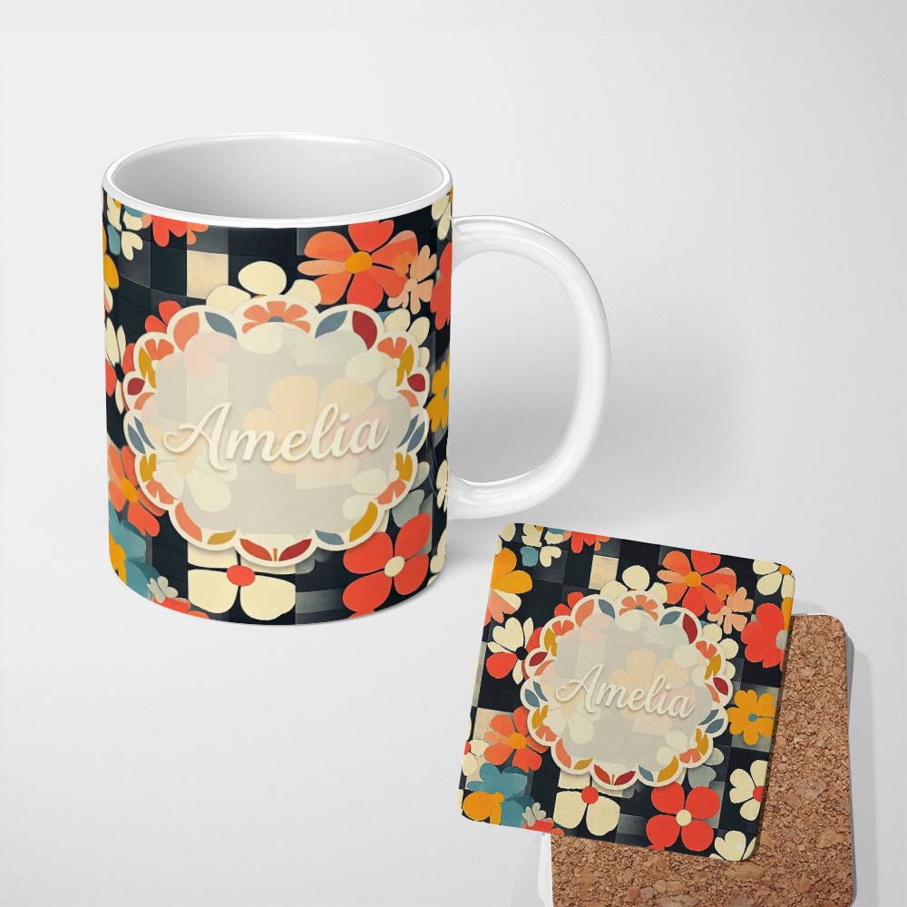 Personalized Custom Name Abstract Floral Daisy Pattern Dark Background Seamless Name Cute 11oz Ceramic Coffee Tea Mug White Large Handle