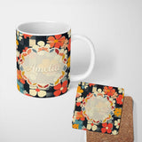 Personalized Custom Name Abstract Floral Daisy Pattern Dark Background Seamless Name Cute 11oz Ceramic Coffee Tea Mug White Large Handle