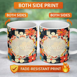 Personalized Custom Name Abstract Floral Daisy Pattern Dark Background Seamless Name Cute 11oz Ceramic Coffee Tea Mug White Large Handle