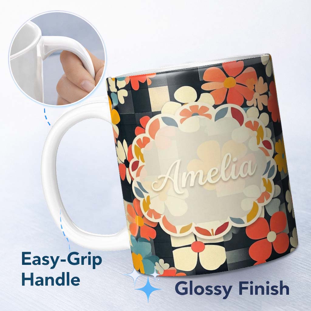 Personalized Custom Name Abstract Floral Daisy Pattern Dark Background Seamless Name Cute 11oz Ceramic Coffee Tea Mug White Large Handle