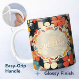 Personalized Custom Name Abstract Floral Daisy Pattern Dark Background Seamless Name Cute 11oz Ceramic Coffee Tea Mug White Large Handle