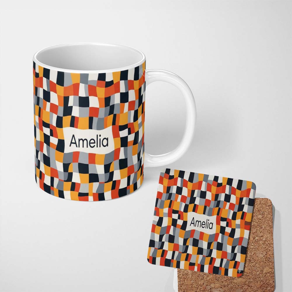 Personalized Custom Name Abstract Organic Curved Shapes Color Blocks Seamless Pattern Name 11oz Ceramic Coffee Tea Mug White Large Handle