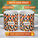 Personalized Custom Name Abstract Organic Curved Shapes Color Blocks Seamless Pattern Name 11oz Ceramic Coffee Tea Mug White Large Handle