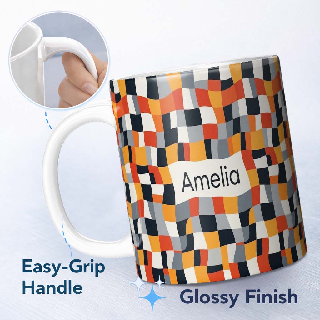 Personalized Custom Name Abstract Organic Curved Shapes Color Blocks Seamless Pattern Name 11oz Ceramic Coffee Tea Mug White Large Handle