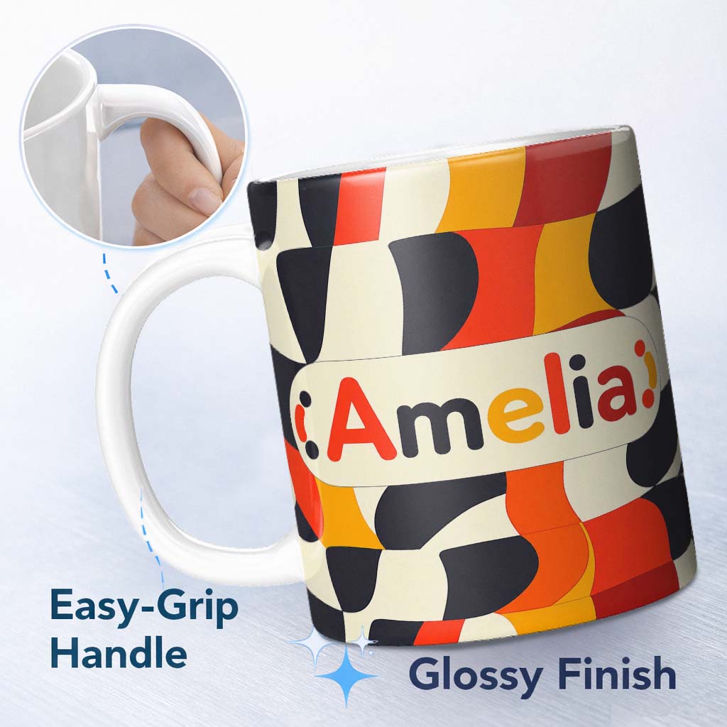 Personalized Custom Name Abstract Wavy Checkerboard Pattern Bold Colors Seamless Name Cute 11oz Ceramic Coffee Tea Mug White Large Handle