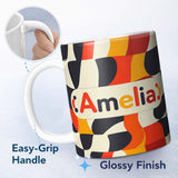 Personalized Custom Name Abstract Wavy Checkerboard Pattern Bold Colors Seamless Name Cute 11oz Ceramic Coffee Tea Mug White Large Handle