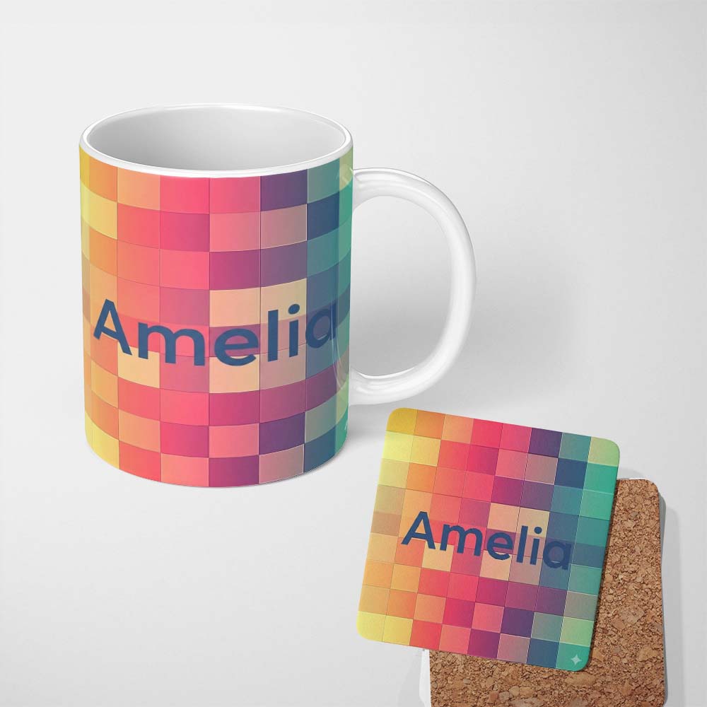Personalized Custom Name Abstract Gradient Square Tiles Soft Color Grid Seamless Pattern 11oz Ceramic Coffee Tea Mug White Large Handle