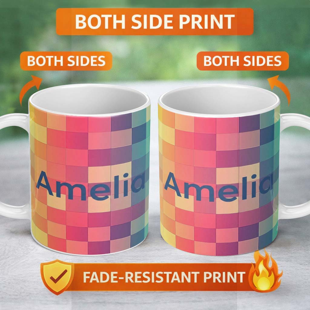 Personalized Custom Name Abstract Gradient Square Tiles Soft Color Grid Seamless Pattern 11oz Ceramic Coffee Tea Mug White Large Handle