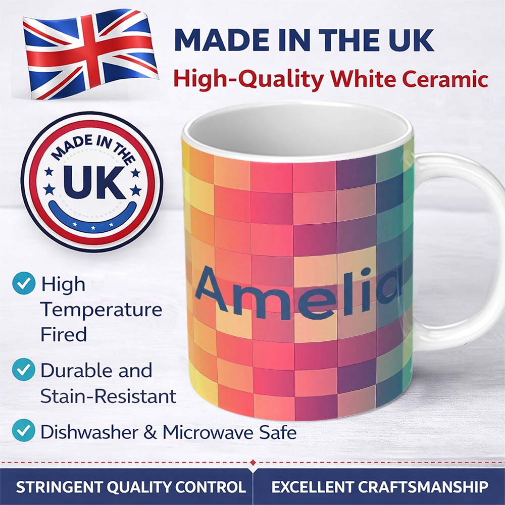 Personalized Custom Name Abstract Gradient Square Tiles Soft Color Grid Seamless Pattern 11oz Ceramic Coffee Tea Mug White Large Handle