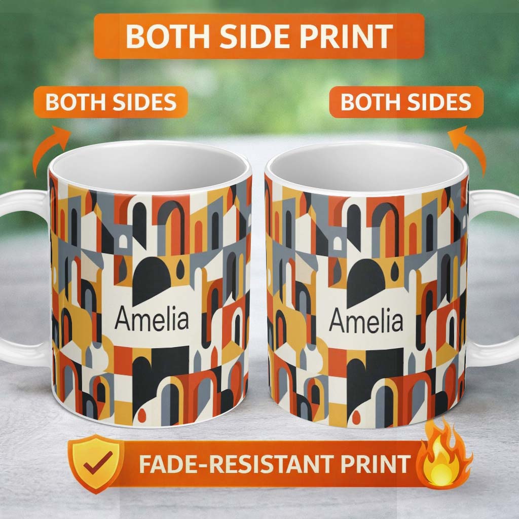 Personalized Custom Name Abstract Rounded Geometric Blocks Colorful Seamless Pattern Name 11oz Ceramic Coffee Tea Mug White Large Handle