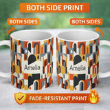 Personalized Custom Name Abstract Rounded Geometric Blocks Colorful Seamless Pattern Name 11oz Ceramic Coffee Tea Mug White Large Handle