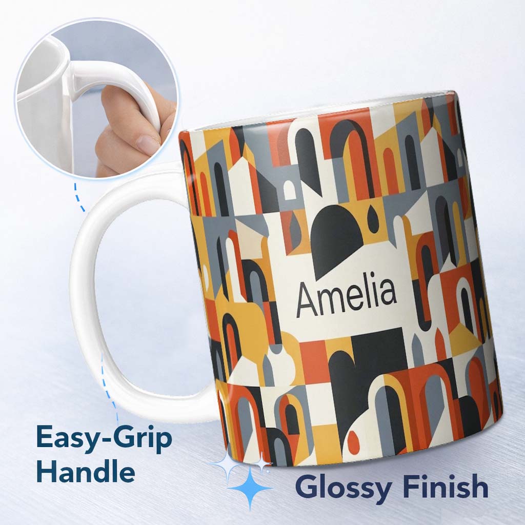 Personalized Custom Name Abstract Rounded Geometric Blocks Colorful Seamless Pattern Name 11oz Ceramic Coffee Tea Mug White Large Handle