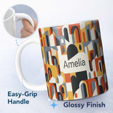 Personalized Custom Name Abstract Rounded Geometric Blocks Colorful Seamless Pattern Name 11oz Ceramic Coffee Tea Mug White Large Handle