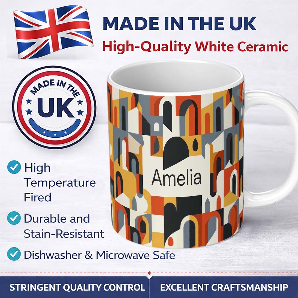 Personalized Custom Name Abstract Rounded Geometric Blocks Colorful Seamless Pattern Name 11oz Ceramic Coffee Tea Mug White Large Handle