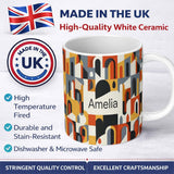 Personalized Custom Name Abstract Rounded Geometric Blocks Colorful Seamless Pattern Name 11oz Ceramic Coffee Tea Mug White Large Handle