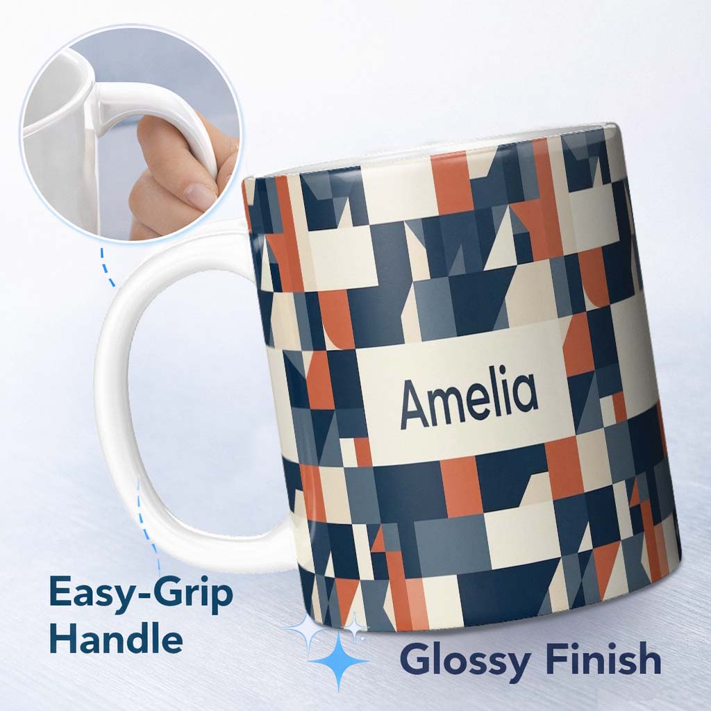 Personalized Custom Name Abstract Geometric Curved Shapes Colorful Seamless Pattern Name Cute 11oz Ceramic Coffee Tea Mug White Large Handle