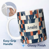 Personalized Custom Name Abstract Geometric Curved Shapes Colorful Seamless Pattern Name Cute 11oz Ceramic Coffee Tea Mug White Large Handle
