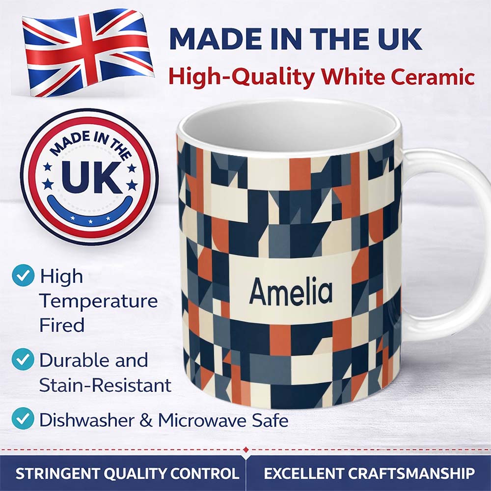 Personalized Custom Name Abstract Geometric Curved Shapes Colorful Seamless Pattern Name Cute 11oz Ceramic Coffee Tea Mug White Large Handle