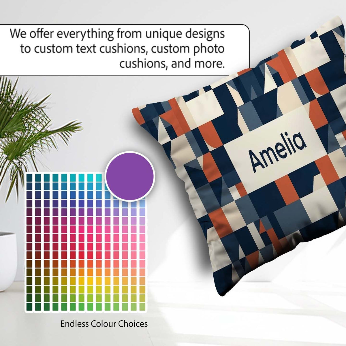Custom Name Abstract Geometric Curved Colorful Pattern Name Cute Square Filled Cushion Throw Pillow Sofa Bed Home Decor Zip Washable UK Made
