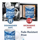 Personalized Custom Name Watercolor Blue Camouflage Artistic Seamless Pattern Lovely 11oz Ceramic Coffee Tea Mug White Large Handle