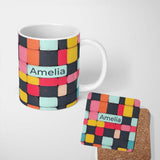 Personalized Custom Name Abstract Textured Square Tiles Color Block Seamless Pattern Name 11oz Ceramic Coffee Tea Mug White Large Handle