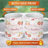 Personalized Custom Name Cute Watercolor Cherry Strawberry Daisy Flowers and Pink Bow White 11oz Ceramic Coffee Tea Mug White Large Handle