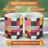 Personalized Custom Name Abstract Textured Square Tiles Color Block Seamless Pattern Name 11oz Ceramic Coffee Tea Mug White Large Handle