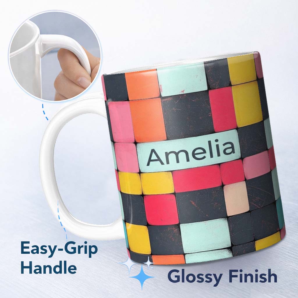 Personalized Custom Name Abstract Textured Square Tiles Color Block Seamless Pattern Name 11oz Ceramic Coffee Tea Mug White Large Handle