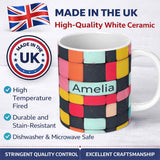 Personalized Custom Name Abstract Textured Square Tiles Color Block Seamless Pattern Name 11oz Ceramic Coffee Tea Mug White Large Handle