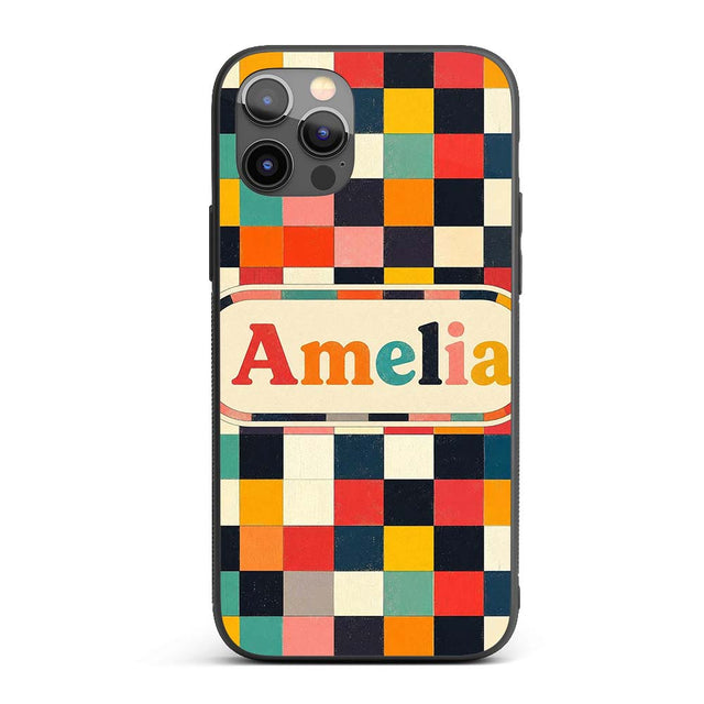 Abstract Vintage Checkerboard Printed Design Custom Name Protective Phone Case Mobile Cover Durable Everyday Smartphone Shock Resistant