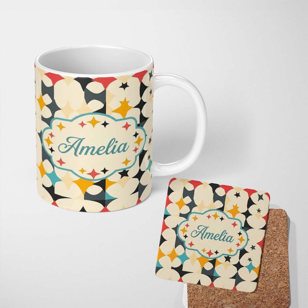 Personalized Custom Name Abstract Floral Star Shapes Mid Century Seamless Pattern Name Cute 11oz Ceramic Coffee Tea Mug White Large Handle