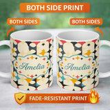Personalized Custom Name Abstract Floral Star Shapes Mid Century Seamless Pattern Name Cute 11oz Ceramic Coffee Tea Mug White Large Handle