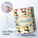 Personalized Custom Name Abstract Floral Star Shapes Mid Century Seamless Pattern Name Cute 11oz Ceramic Coffee Tea Mug White Large Handle