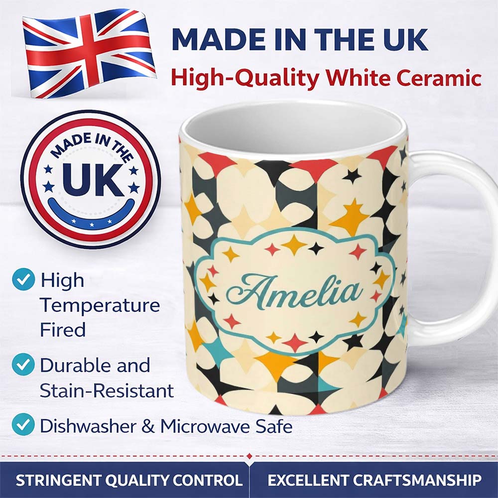 Personalized Custom Name Abstract Floral Star Shapes Mid Century Seamless Pattern Name Cute 11oz Ceramic Coffee Tea Mug White Large Handle