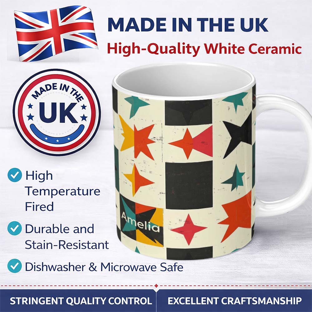 Personalized Custom Name Abstract Starburst Shapes Vintage Texture Seamless Pattern Name Cute 11oz Ceramic Coffee Tea Mug White Large Handle
