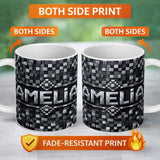 Personalized Custom Name Monochrome Grey Pixel Block Abstract Seamless Pattern Lovely 11oz Ceramic Coffee Tea Mug White Large Handle