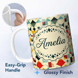 Personalized Custom Name Abstract Geometric Mosaic Shapes Colorful Seamless Pattern Name Cute 11oz Ceramic Coffee Tea Mug White Large Handle