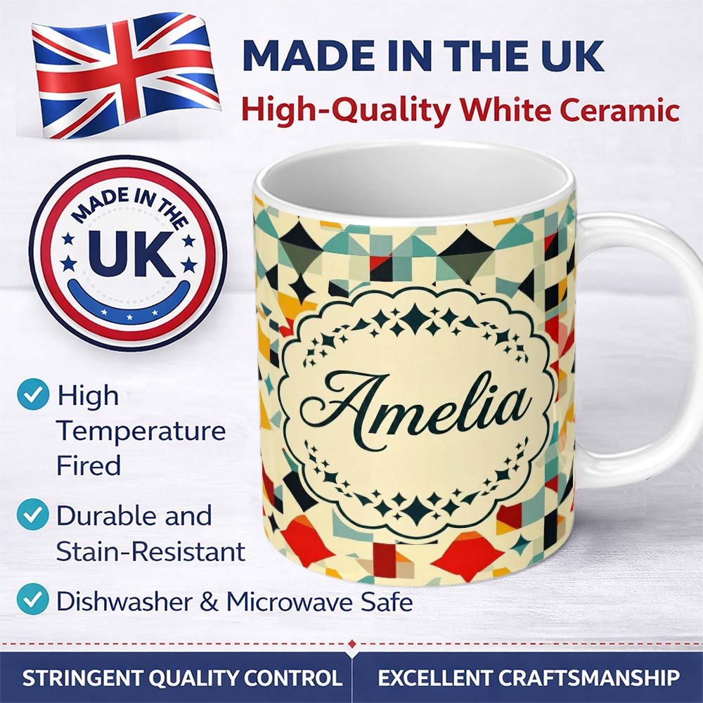 Personalized Custom Name Abstract Geometric Mosaic Shapes Colorful Seamless Pattern Name Cute 11oz Ceramic Coffee Tea Mug White Large Handle
