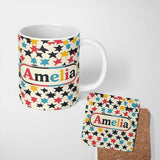 Personalized Custom Name Abstract Scattered Star Shapes Colorful Seamless Pattern Name Cute 11oz Ceramic Coffee Tea Mug White Large Handle